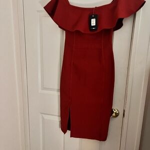 Fashion Nova One-Shoulder Red Bodycon Dress with Ruffle